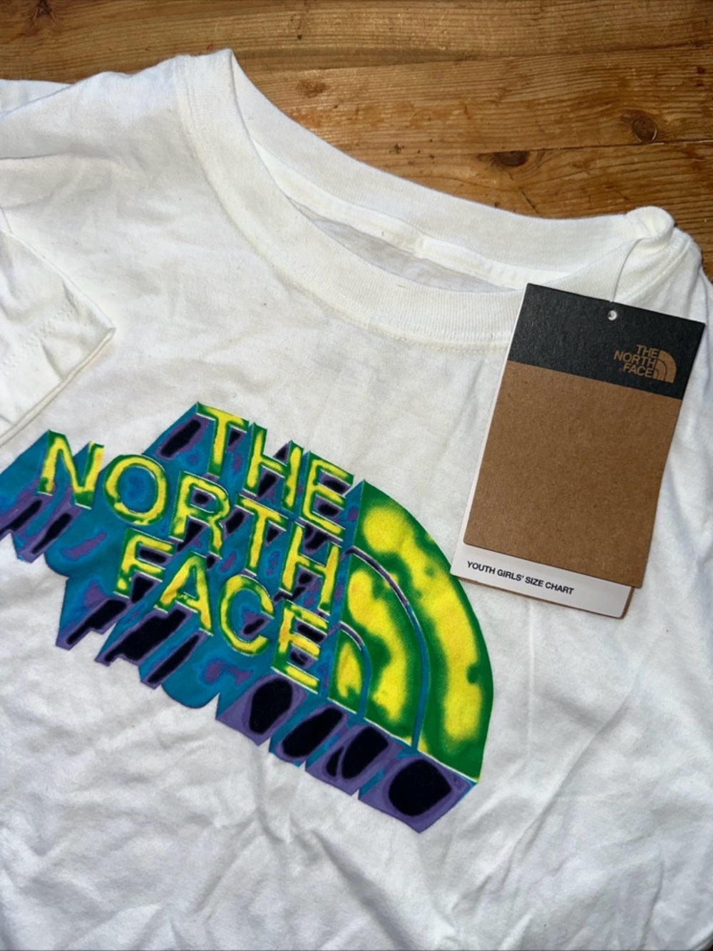 The North Face White Tee with Neon Green & Blue Logo